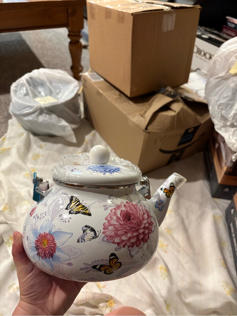 Floral Butterfly Porcelain Teapot - White with Pink & Blue Flowers New!